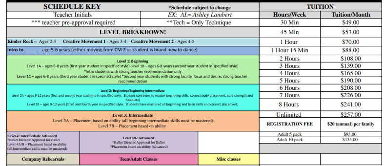 Class Schedule August 2022- June 2023